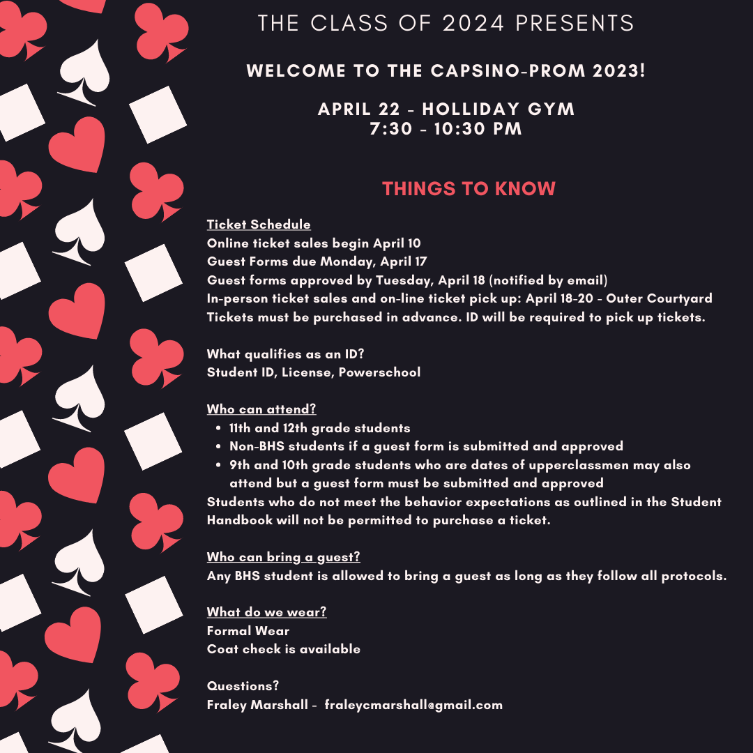 Information about prom 2023 on a black background decorated with card suits